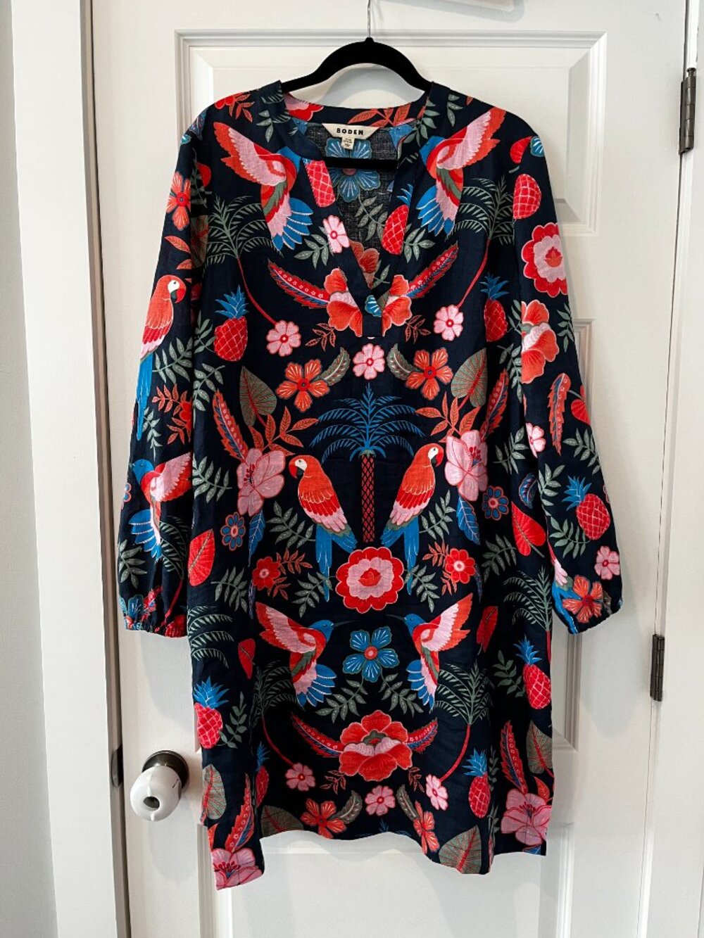 Boden Tropical Bird & Floral Print LinenTie Waist Dress | US 16-18 - Picture 4 of 5